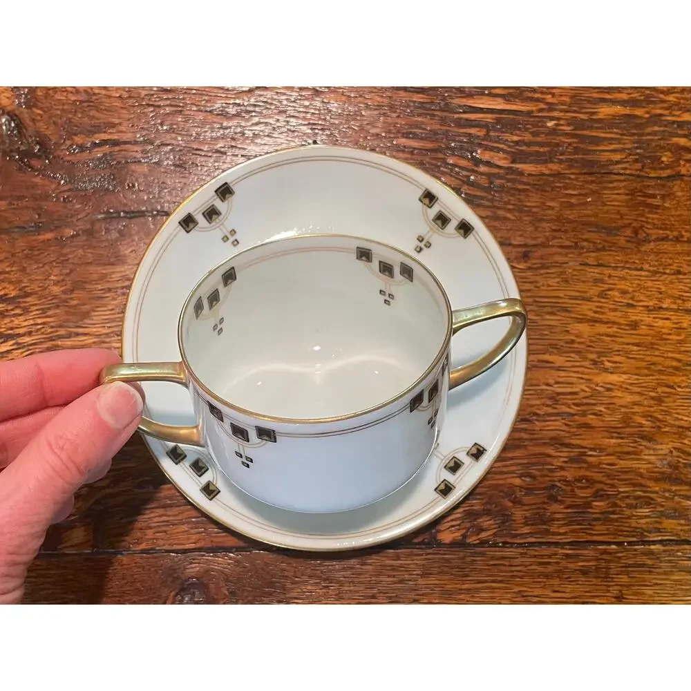 Vintage Victoria Austria Boullion Cup / Bowl & Saucer, Gold, Black, Set of 10